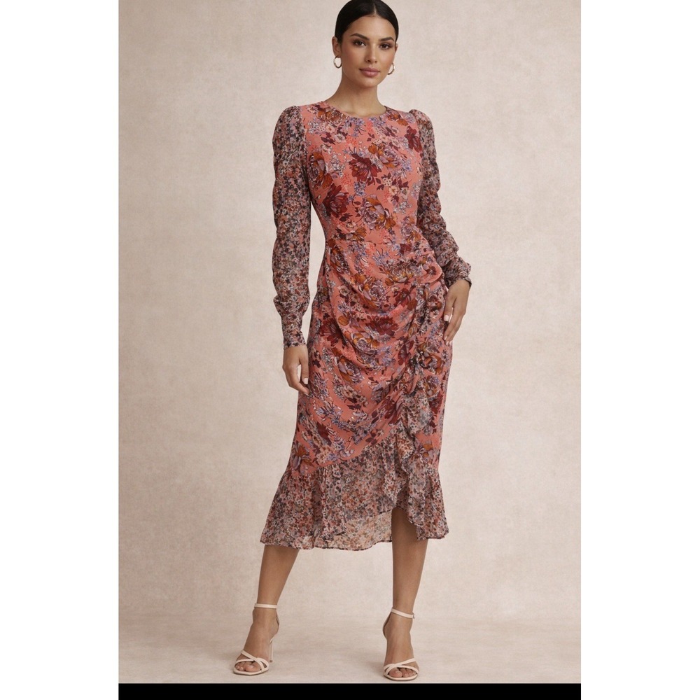 NSR Eva‎ Floral Ruched Orange And Pink Midi Ruffled Dress Xs